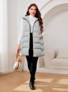 Mulvari 加大斜口袋无袖连帽夹棉大衣 - 淺灰色 - 查看 5