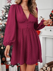 Lantern Sleeve Button Front Dress - Burgundy - View 5