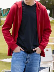 男士拉鏈開襟抽繩保暖連帽衫 - 紅色 - 查看 1