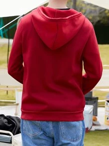 男士拉鏈開襟抽繩保暖連帽衫 - 紅色 - 查看 2