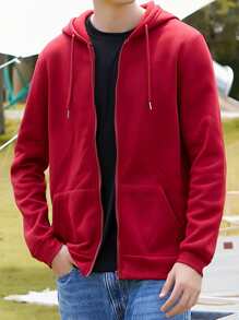 男士拉鏈開襟抽繩保暖連帽衫 - 紅色 - 查看 3