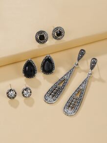 4pairs Rhinestone & Water-drop Decor Earrings - Multicolor - View 1