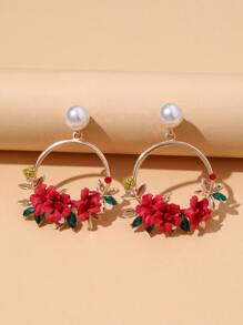 Rhinestone & Flower Decor Circle Drop Earrings - Red - View 1
