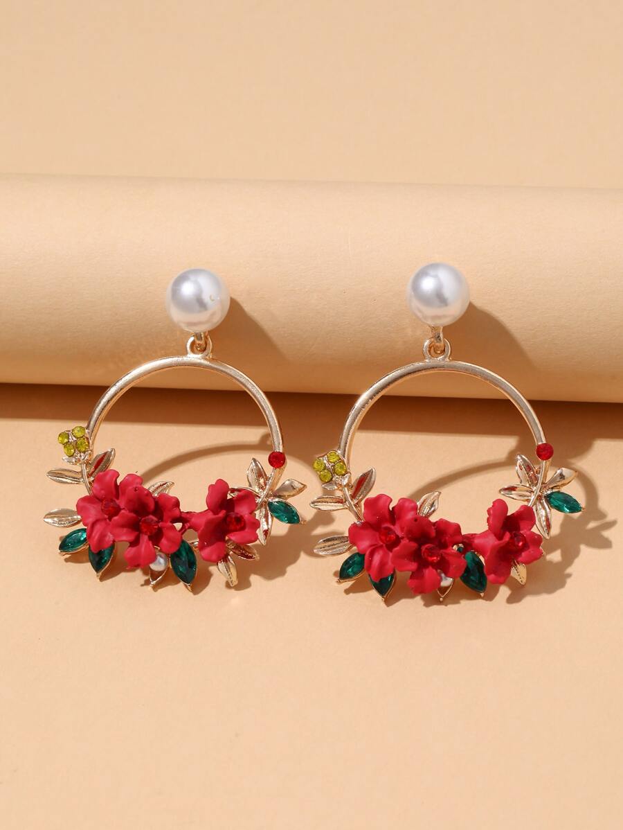 Rhinestone & Flower Decor Circle Drop Earrings - Red - View 1