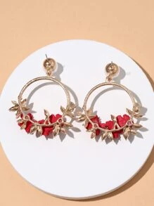 Rhinestone & Flower Decor Circle Drop Earrings - Red - View 2