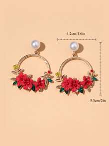 Rhinestone & Flower Decor Circle Drop Earrings - Red - View 4