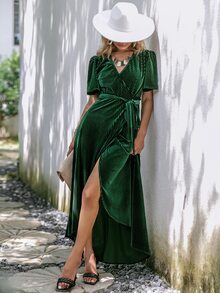 Simplee 蝴蝶袖圍裹下擺腰帶絲絨連衣裙