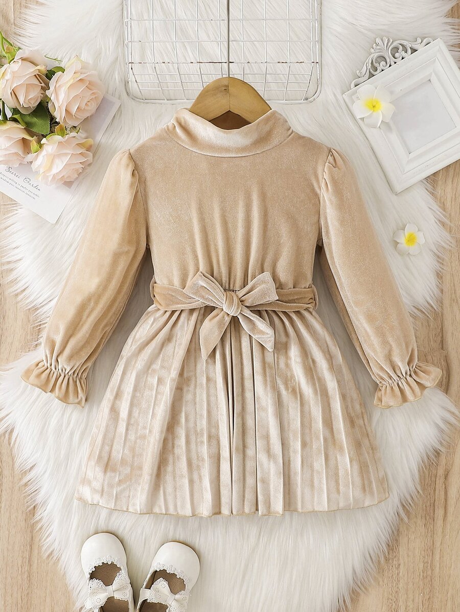 小女童荷葉袖百褶下擺繫腰帶洋裝