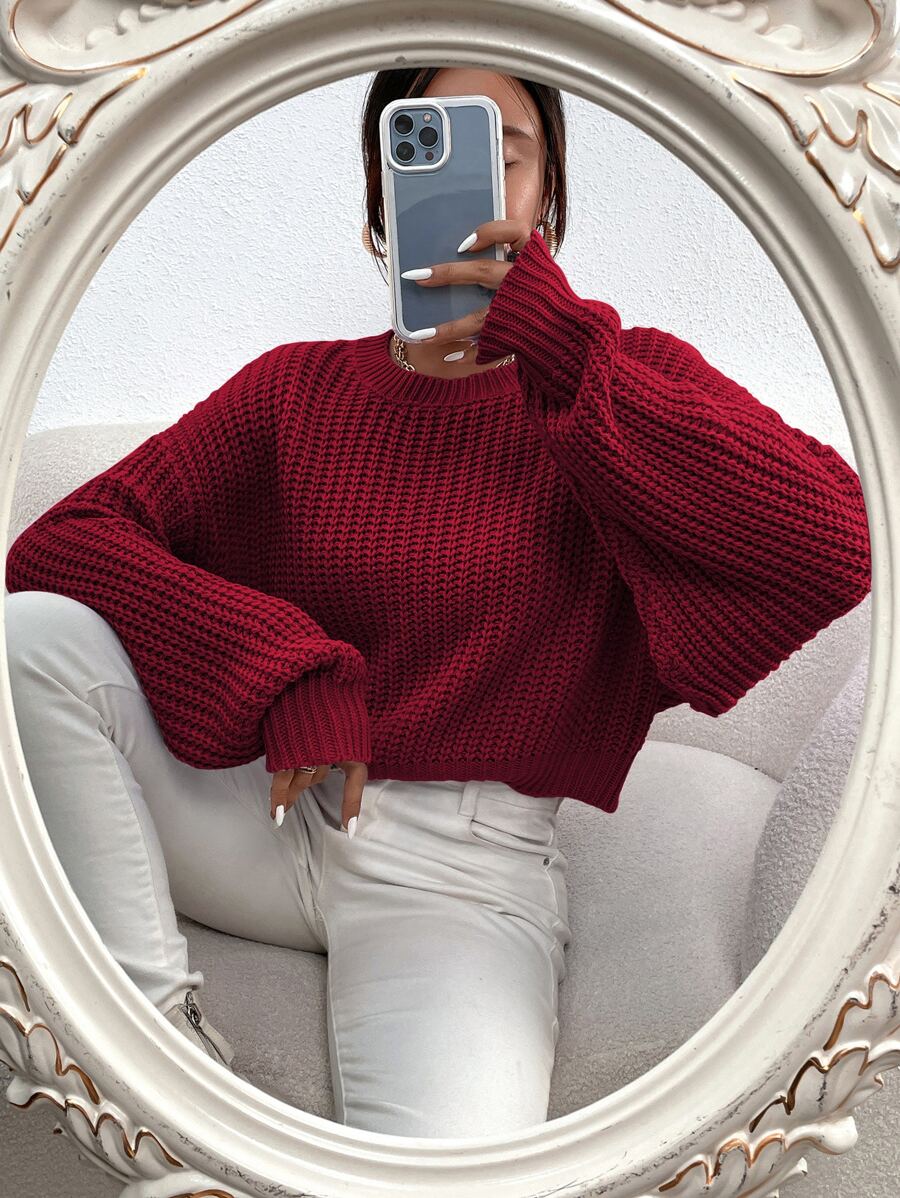 SHEIN Essnce Solid Ribbed Knit Drop Shoulder Jumper - Burgundy - View 1