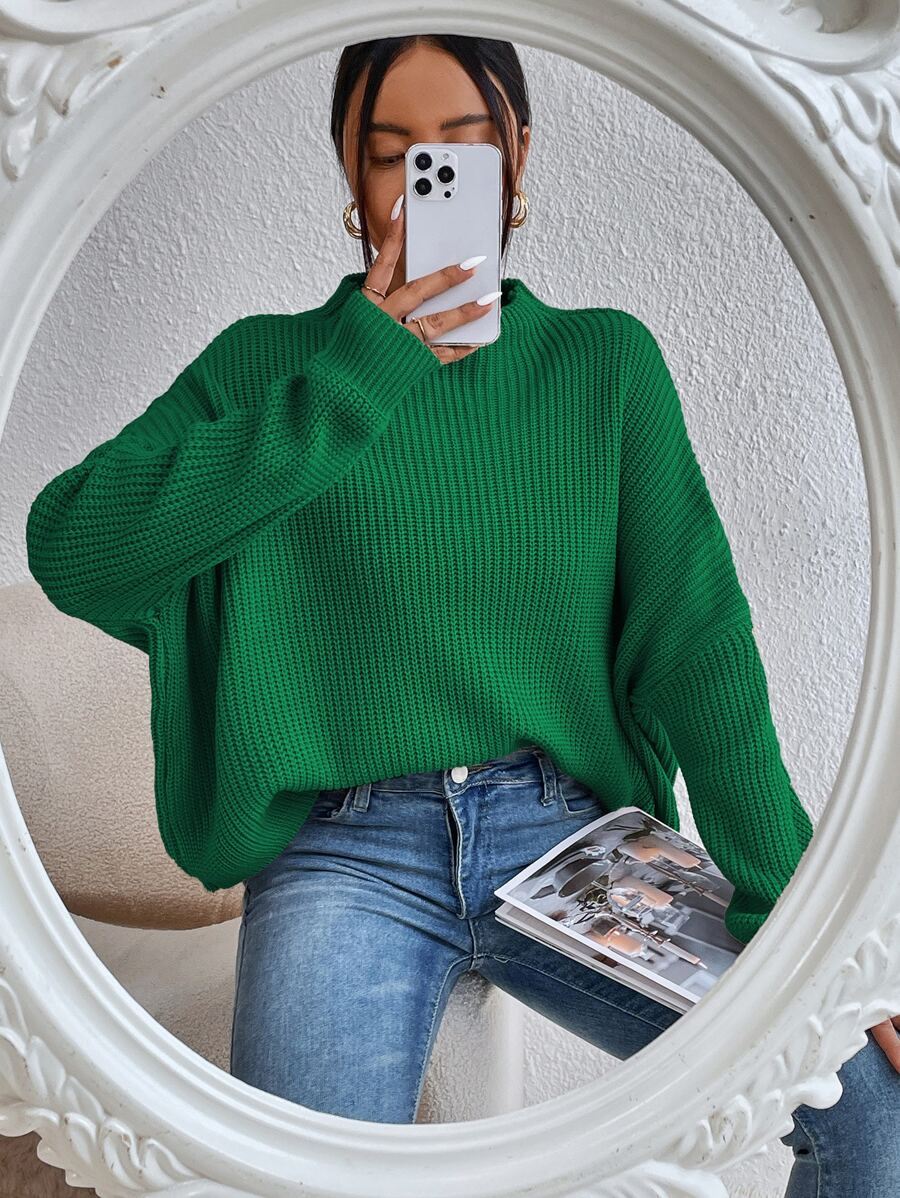 SHEIN Essnce Jersey de cuello alto tejido de canalé de manga murciélago - Verde - Ver 1