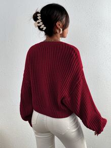 SHEIN Essnce Solid Ribbed Knit Drop Shoulder Jumper - Burgundy - View 2