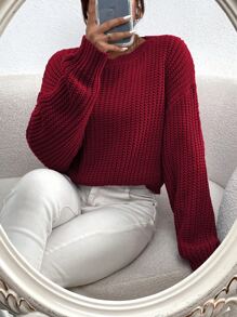 SHEIN Essnce Solid Ribbed Knit Drop Shoulder Jumper - Burgundy - View 3