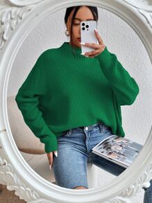 SHEIN Essnce Jersey de cuello alto tejido de canalé de manga murciélago - Verde - Ver 3