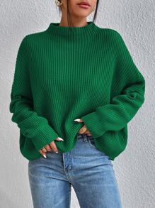 SHEIN Essnce Jersey de cuello alto tejido de canalé de manga murciélago - Verde - Ver 4
