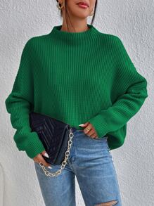SHEIN Essnce Jersey de cuello alto tejido de canalé de manga murciélago - Verde - Ver 5