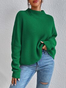 SHEIN Essnce Jersey de cuello alto tejido de canalé de manga murciélago - Verde - Ver 6