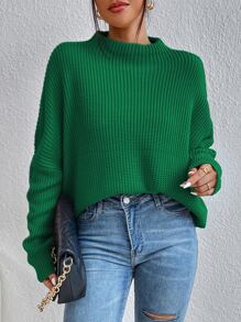 SHEIN Essnce Jersey de cuello alto tejido de canalé de manga murciélago - Verde - Ver 7