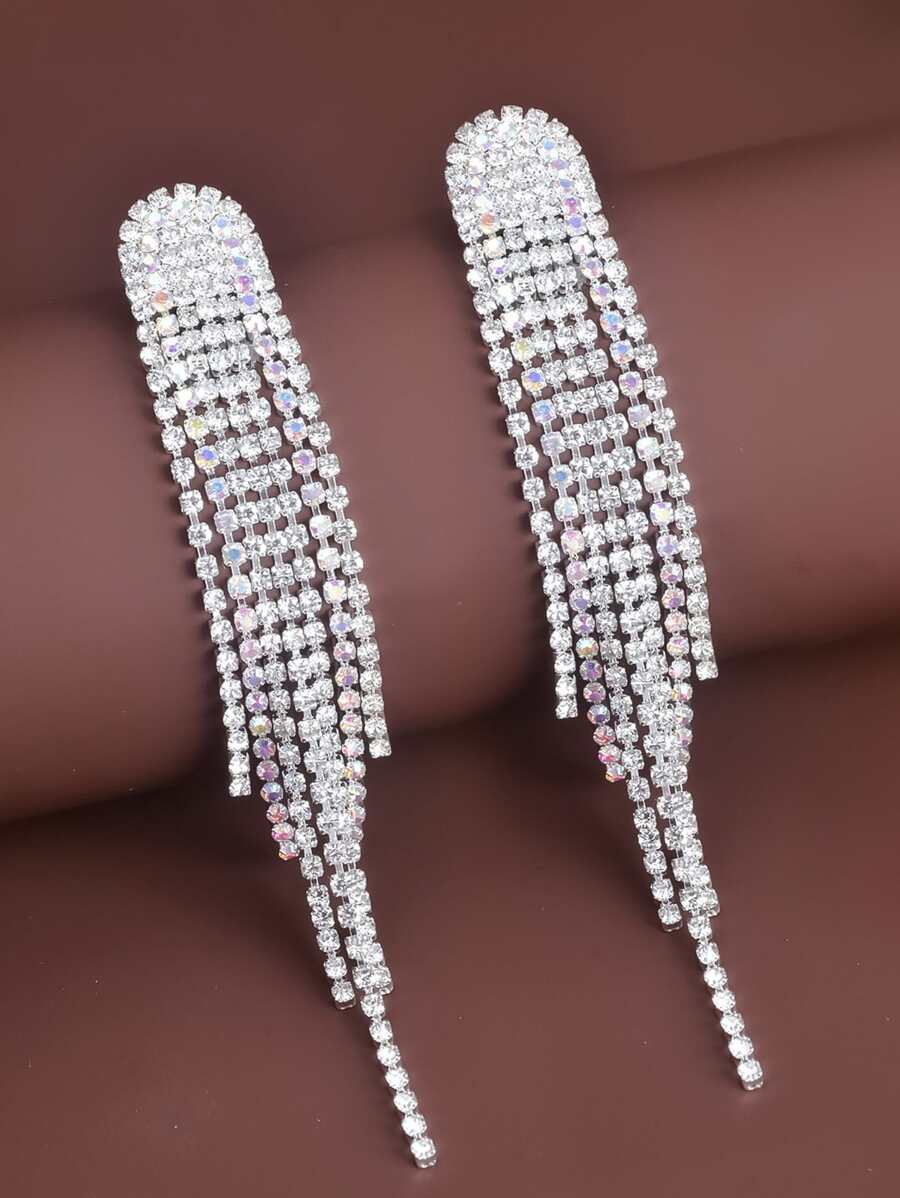 1pair Women Gorgeous & Fashionable Full Rhinestone Tassel Earrings Suitable For Parties - Silver - View 1
