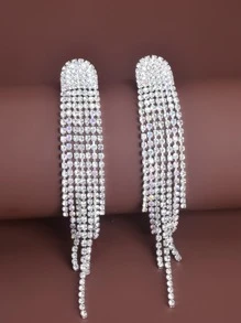 1pair Women Gorgeous & Fashionable Full Rhinestone Tassel Earrings Suitable For Parties - Silver - View 2