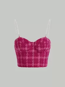 SHEIN MOD Plaid Print Pearls Beaded Cami Top Without Top - Hot Pink - View 2