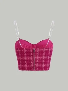 SHEIN MOD Plaid Print Pearls Beaded Cami Top Without Top - Hot Pink - View 8