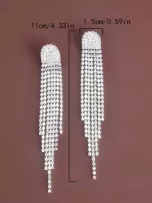 1pair Women Gorgeous & Fashionable Full Rhinestone Tassel Earrings Suitable For Parties - Silver - View 3