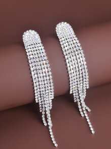 1pair Women Gorgeous & Fashionable Full Rhinestone Tassel Earrings Suitable For Parties - Silver - View 5