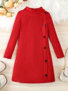 Toddler Girls High Neck Button Detail Tee Dress - Red - View 1