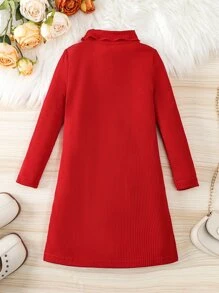 Toddler Girls High Neck Button Detail Tee Dress - Red - View 2