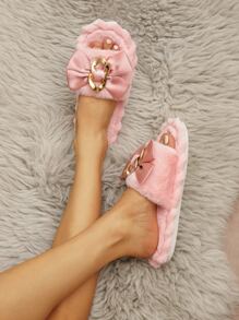 Chain & Bow Decor Fluffy Bedroom Slippers - Baby Pink - View 3