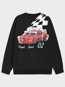 ROMWE MEN Guys Car & Letter Graphic Sweatshirt - Black - View 1