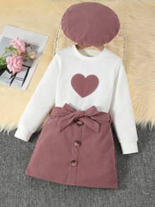 Sudadera con estampe de corazones y falda con cinturón para niña