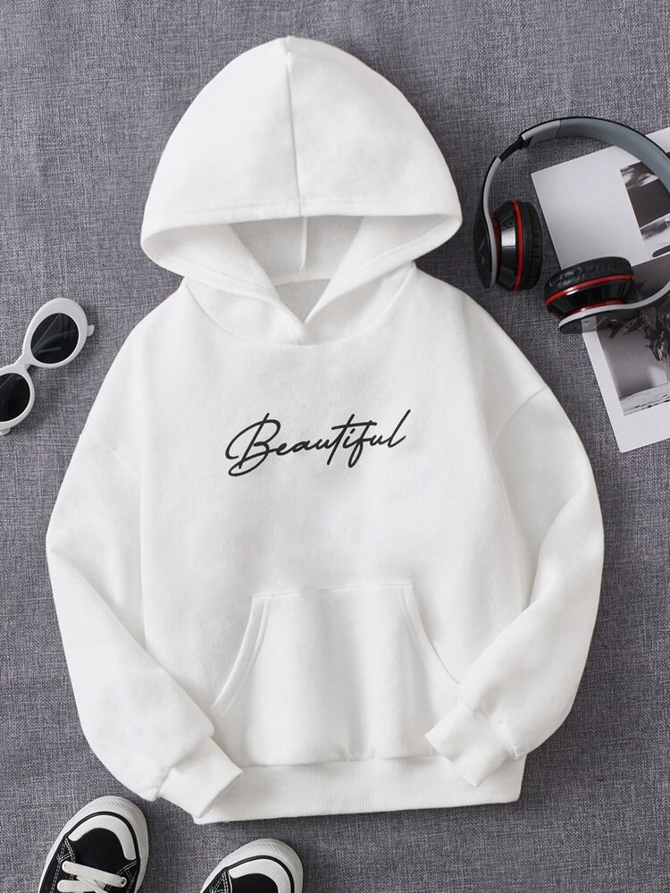 Teens Tween Girl' White Knitted Sweatshirt With Letter Embroidery, Loose Fit Casual College Style Versatile Sweatshirt,In Fall/Winter
