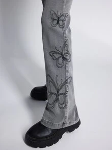 ROMWE Fairycore Butterfly Embroidery Flare Leg Jeans - Grey - View 4