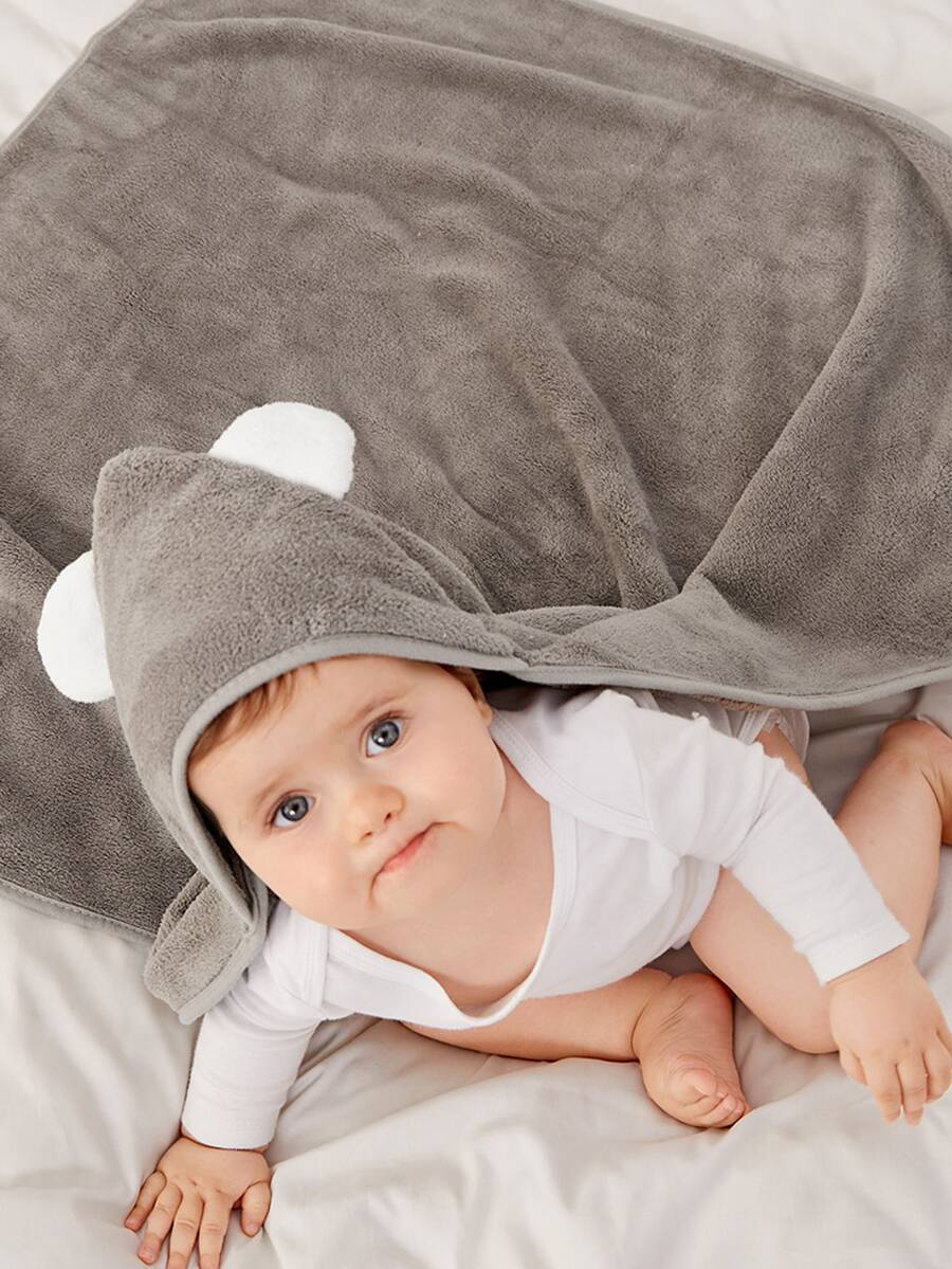1pc Baby Cartoon Ear Decor Plush Swaddling Blanket - Grey - View 1