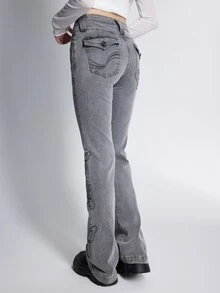 ROMWE Fairycore Butterfly Embroidery Flare Leg Jeans - Grey - View 5