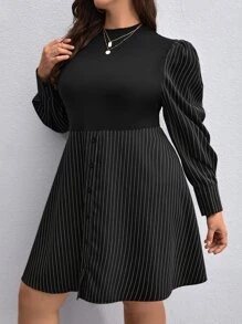 SHEIN Privé Vestido con estampado de rayas de manga farol - Negro - Ver 3
