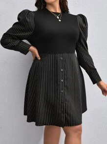 SHEIN Privé Vestido con estampado de rayas de manga farol - Negro - Ver 4