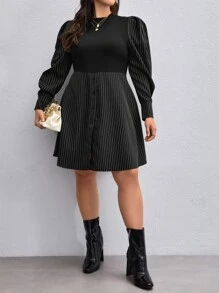 SHEIN Privé Vestido con estampado de rayas de manga farol - Negro - Ver 5