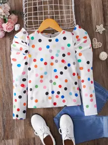SHEIN 少女休闲常规款圆领波点印花泡泡袖衬衫 - 白色 - 查看 1