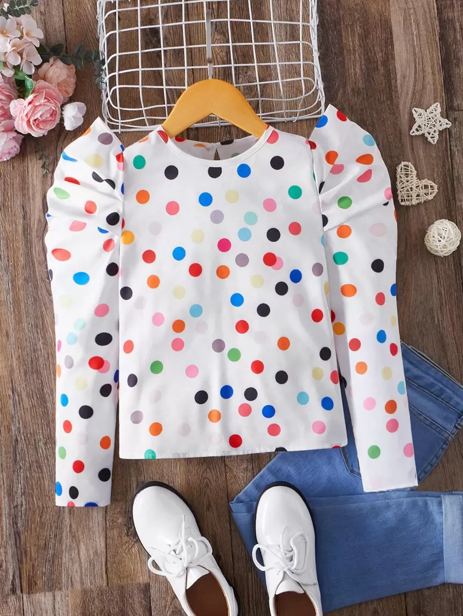 SHEIN 少女休闲常规款圆领波点印花泡泡袖衬衫 - 白色 - 查看 1