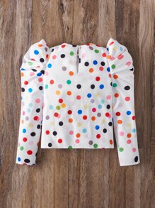 SHEIN 少女休闲常规款圆领波点印花泡泡袖衬衫 - 白色 - 查看 2