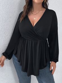 SHEIN Clasi 大碼交叉領荷葉邊下擺T恤 - 黑色 - 查看 4