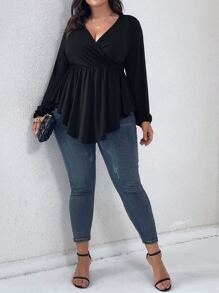 SHEIN Clasi 大碼交叉領荷葉邊下擺T恤 - 黑色 - 查看 5