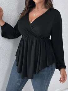 SHEIN Clasi 大碼交叉領荷葉邊下擺T恤 - 黑色 - 查看 6