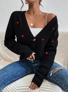 SHEIN Frenchy Heart V Neck Embroidery Button Front Cardigan,Valentine's Day,Valentines,Valentine,Valentine Day In Fall/Winter Thanks Giving Black Casual Black - Black - View 1
