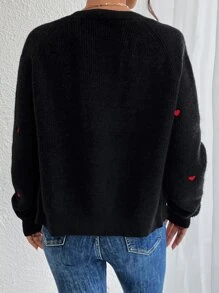 SHEIN Frenchy Heart V Neck Embroidery Button Front Cardigan,Valentine's Day,Valentines,Valentine,Valentine Day In Fall/Winter Thanks Giving Black Casual Black - Black - View 2