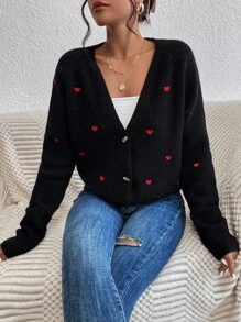 SHEIN Frenchy Heart V Neck Embroidery Button Front Cardigan,Valentine's Day,Valentines,Valentine,Valentine Day In Fall/Winter Thanks Giving Black Casual Black - Black - View 3