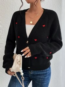 SHEIN Frenchy Heart V Neck Embroidery Button Front Cardigan,Valentine's Day,Valentines,Valentine,Valentine Day In Fall/Winter Thanks Giving Black Casual Black - Black - View 4