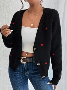 SHEIN Frenchy Heart V Neck Embroidery Button Front Cardigan,Valentine's Day,Valentines,Valentine,Valentine Day In Fall/Winter Thanks Giving Black Casual Black - Black - View 6
